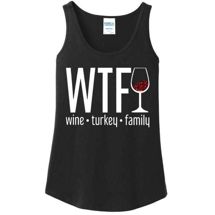 Wtf Wine Turkey Family Funny Thanksgiving Ladies Essential Tank