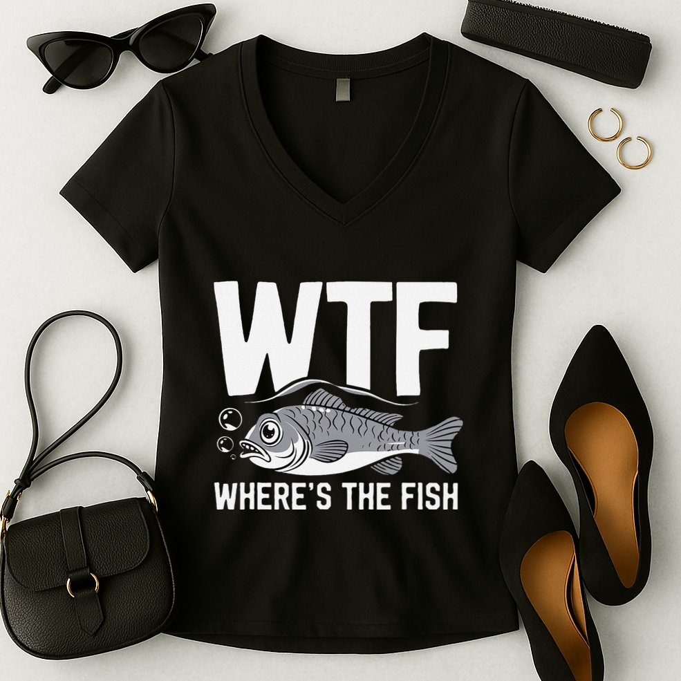 Wtf WhereS The Fish Funny Catching Fish Fishing Fisherman .Png Women's V-Neck T-Shirt