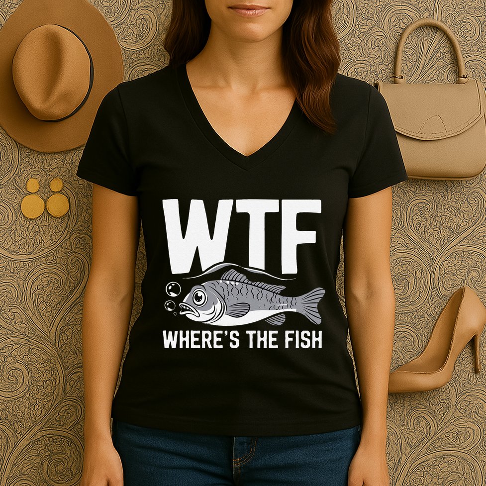 Wtf WhereS The Fish Funny Catching Fish Fishing Fisherman .Png Women's V-Neck T-Shirt
