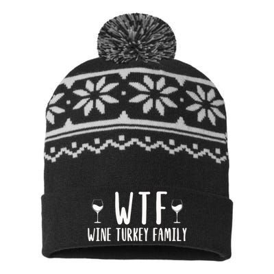 Wtf Wine Turkey Family Funny Thanksgiving Funny Holiday Wine Drink USA-Made Snowflake Beanie