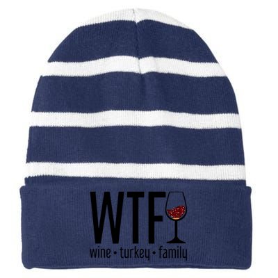 Wtf Wine Turkey Family Funny Thanksgiving Striped Beanie with Solid Band