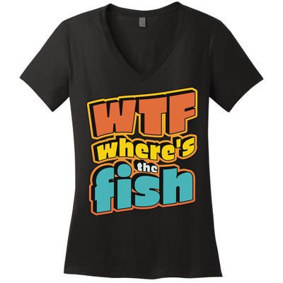 WTF Where's The Fish Funny Women's V-Neck T-Shirt