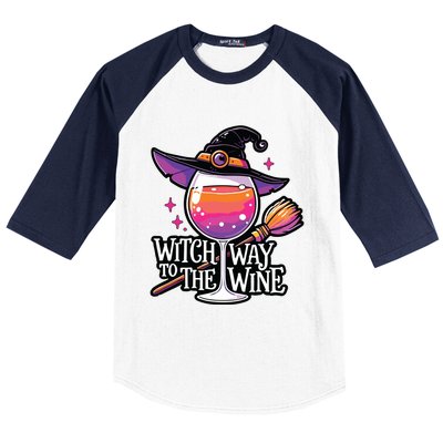 Witch Way To The Wine Halloween Witch Hat And Wine Glass Long Sleeve Baseball Sleeve Shirt