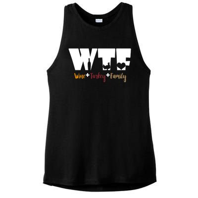 Wtf Wine Turkey Family Funny Happy Thanksgiving Celebration Gift Ladies PosiCharge Tri-Blend Wicking Tank