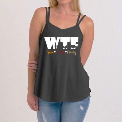 Wtf Wine Turkey Family Funny Happy Thanksgiving Celebration Gift Women's Strappy Tank