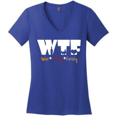 Wtf Wine Turkey Family Funny Happy Thanksgiving Celebration Gift Women's V-Neck T-Shirt