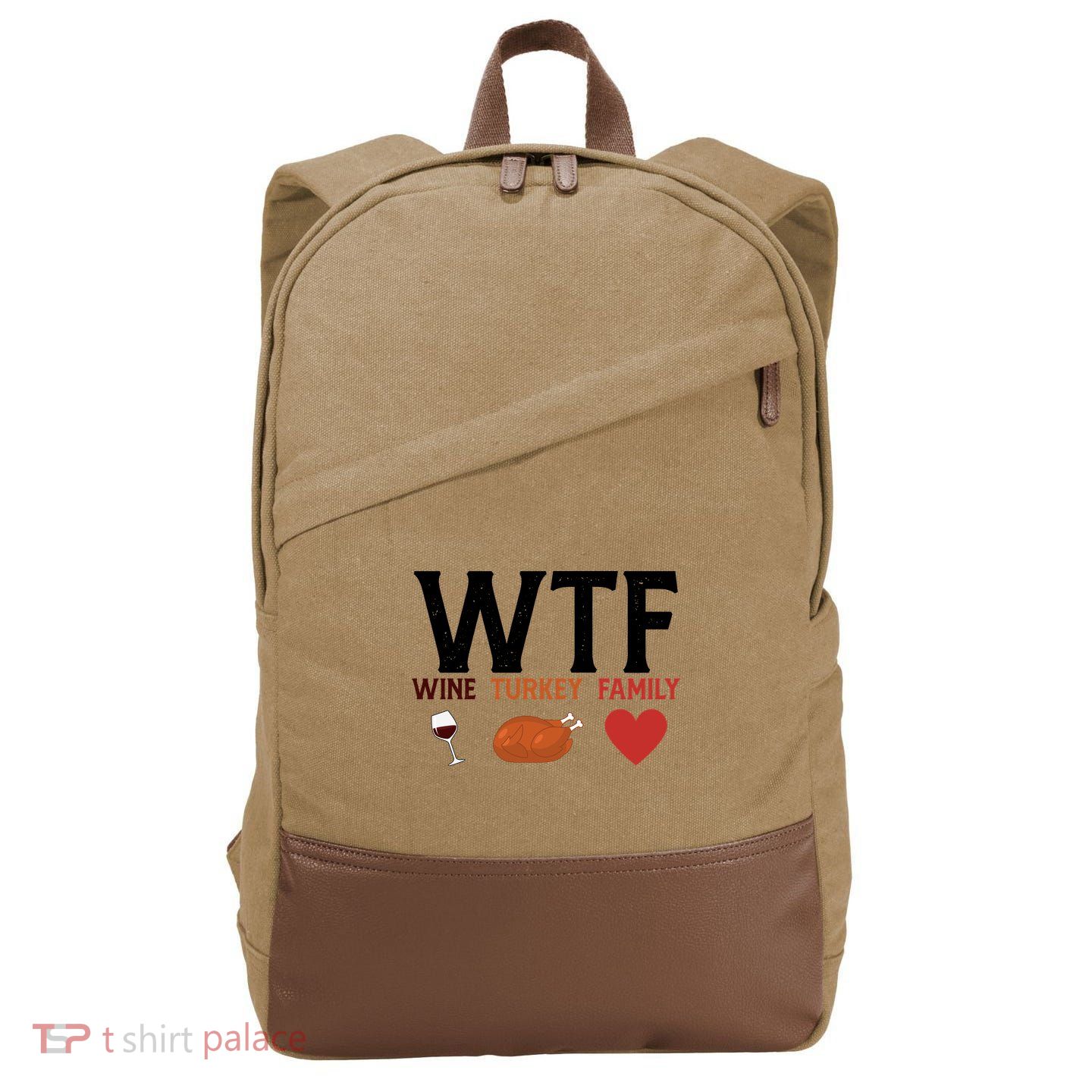 WTF Wine Turkey Family Funny Thanksgiving Cotton Canvas Backpack