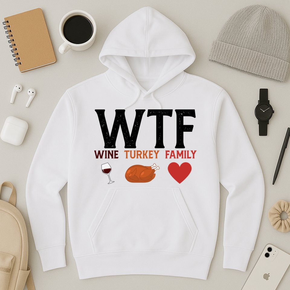 WTF Wine Turkey Family Funny Thanksgiving Hoodie