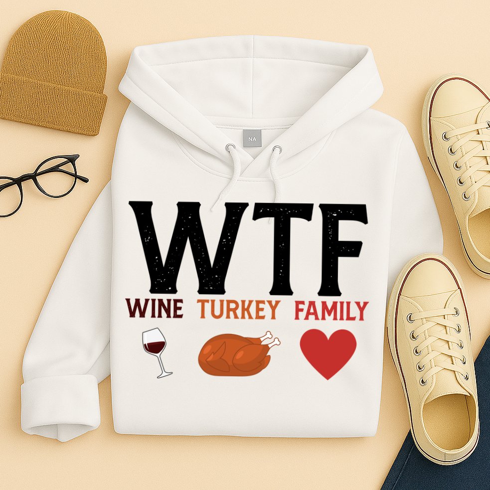 WTF Wine Turkey Family Funny Thanksgiving Hoodie