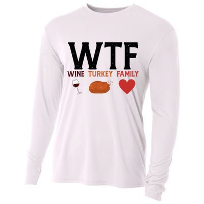 WTF Wine Turkey Family Funny Thanksgiving Cooling Performance Long Sleeve Crew