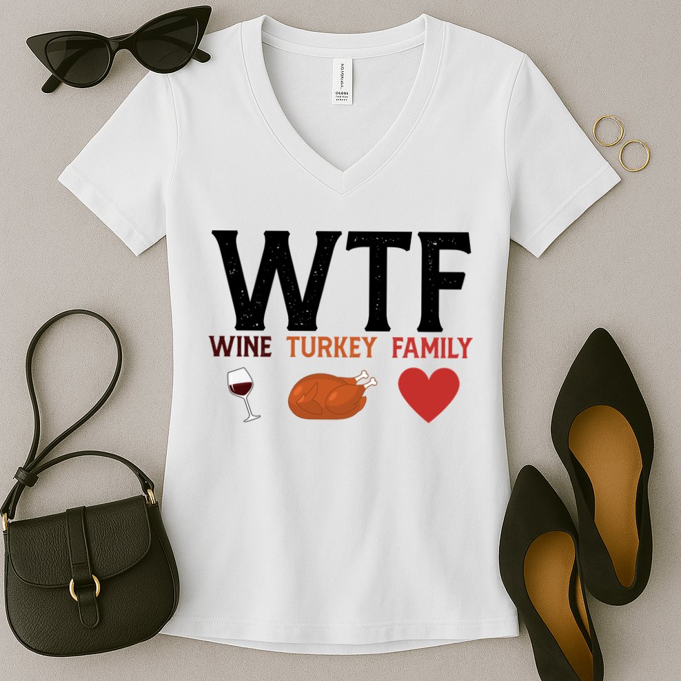 WTF Wine Turkey Family Funny Thanksgiving Women's V-Neck T-Shirt