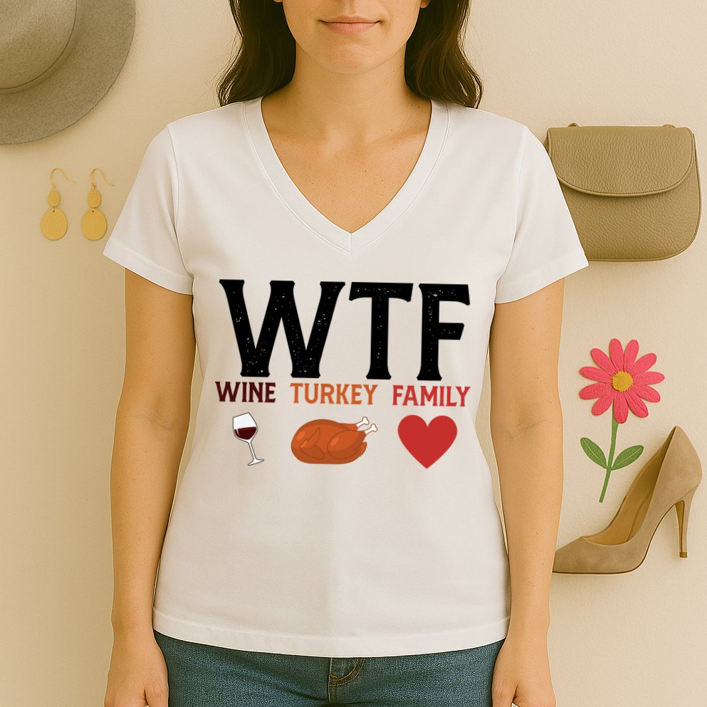 WTF Wine Turkey Family Funny Thanksgiving Women's V-Neck T-Shirt
