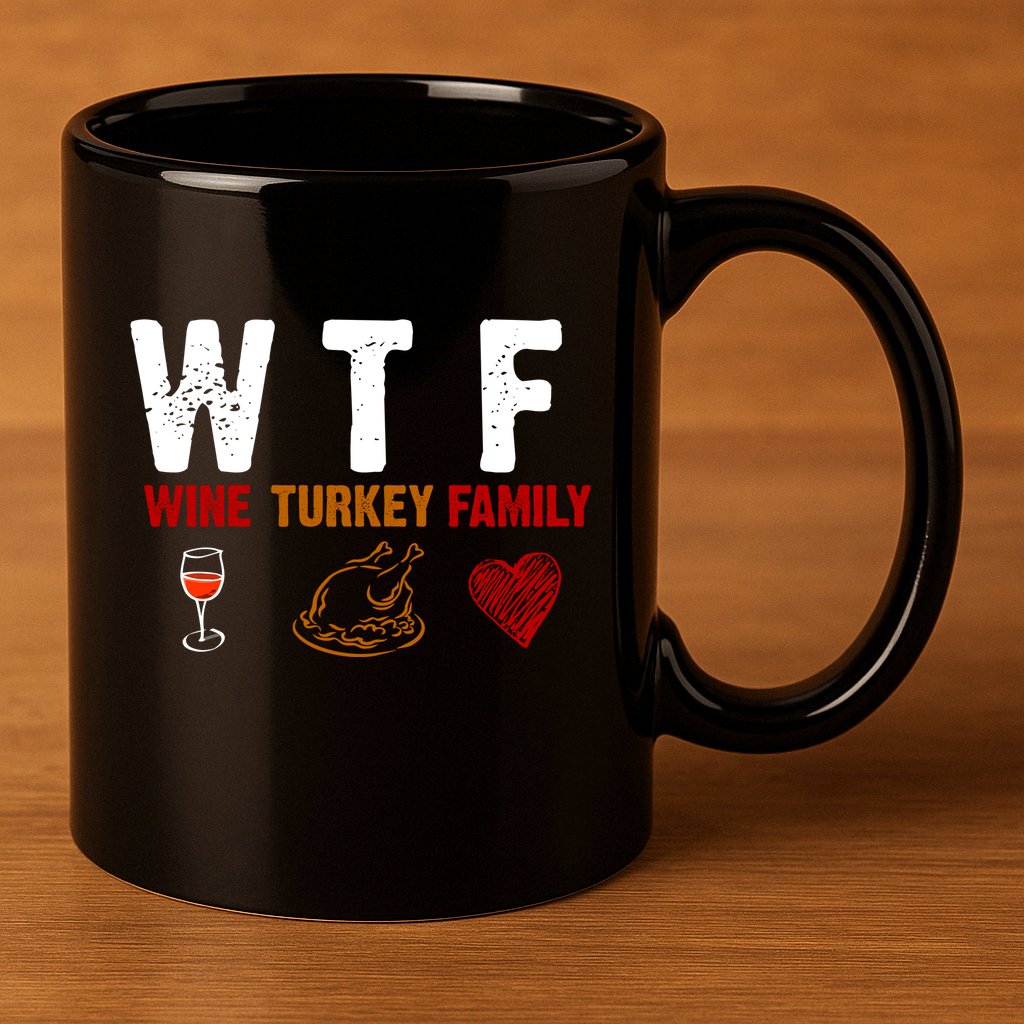 WTF Wine Turkey Family Thanksgiving Dinner 11oz C Handle Ceramic Mug