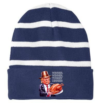 Winner Winner Turkey Dinner Thanksgiving Humor Premium Striped Beanie with Solid Band