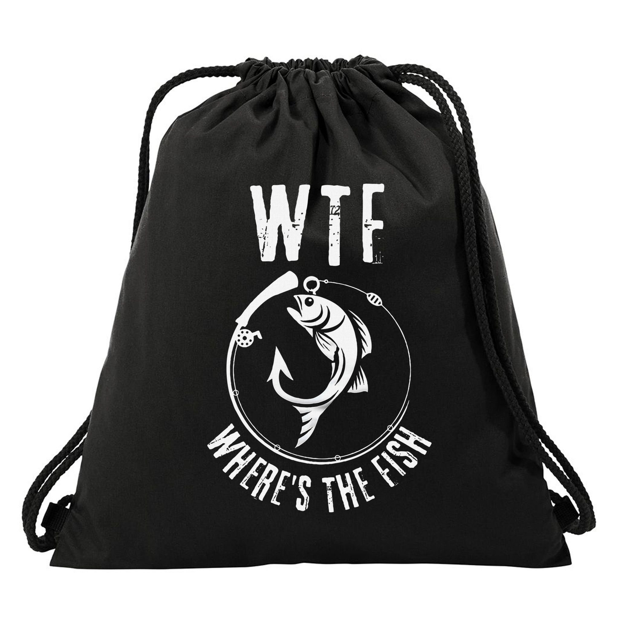 Wtf WhereS The Fish Funny Fishing Design Drawstring Bag