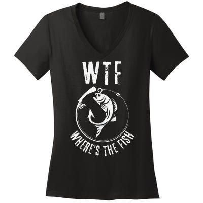 Wtf WhereS The Fish Funny Fishing Design Women's V-Neck T-Shirt