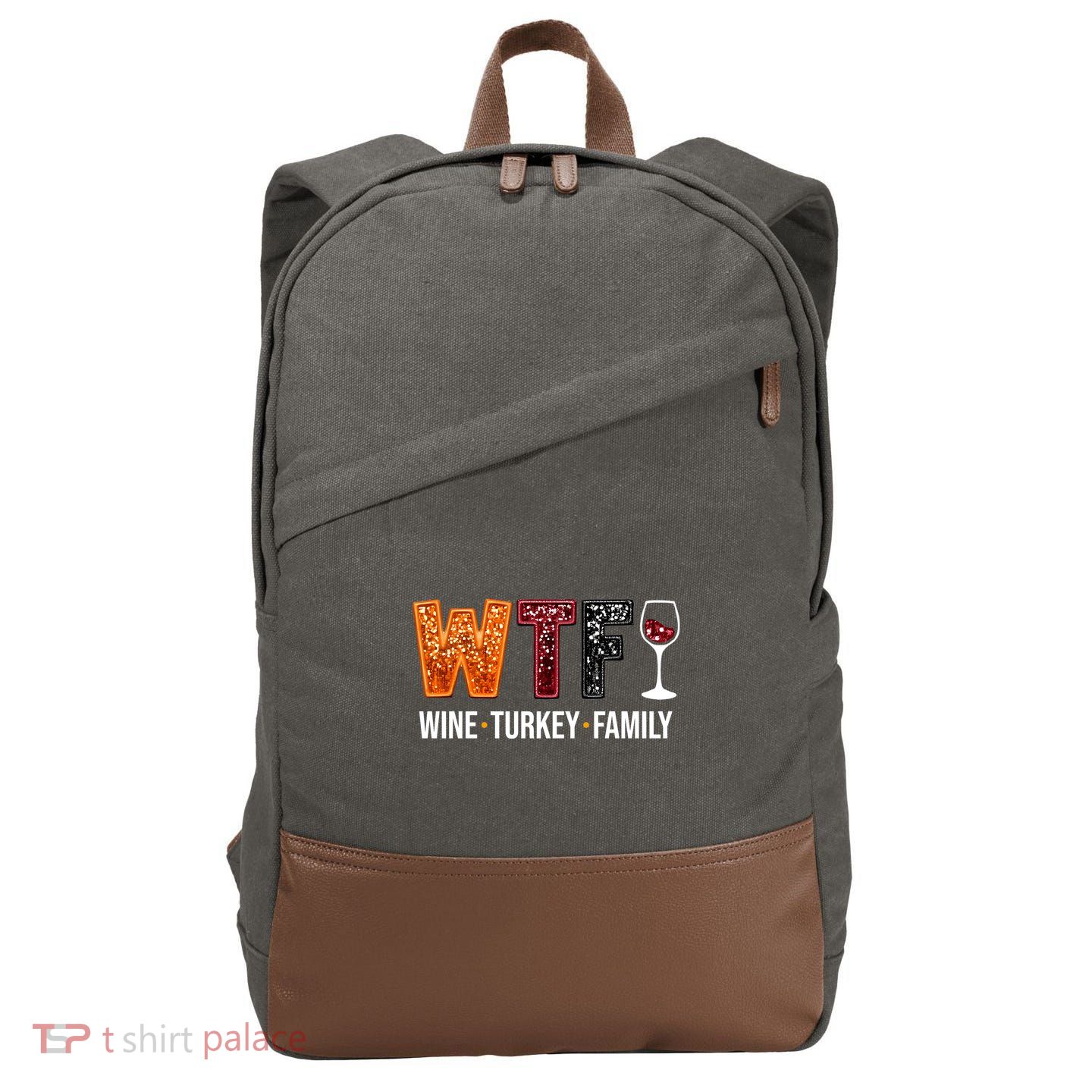 Wtf Wine Turkey Family Funny Thanksgiving Cotton Canvas Backpack