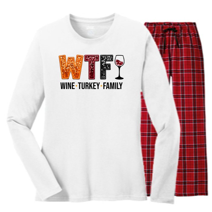 Wtf Wine Turkey Family Funny Thanksgiving Women's Long Sleeve Flannel Pajama Set 