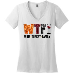 Wtf Wine Turkey Family Funny Thanksgiving Women's V-Neck T-Shirt