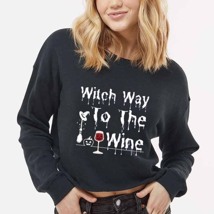 Witch Way To The Wine Halloween Drinking Cropped Pullover Crew