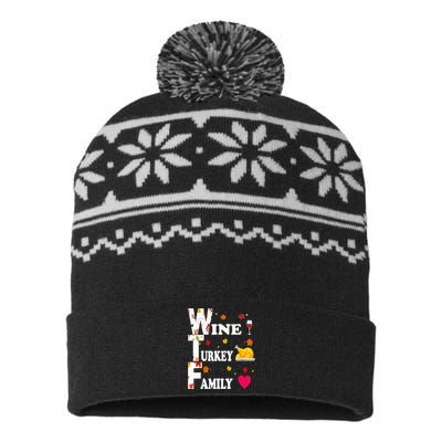 WTF Wine Turkey Family Shirt Funny Thanksgiving Day USA-Made Snowflake Beanie