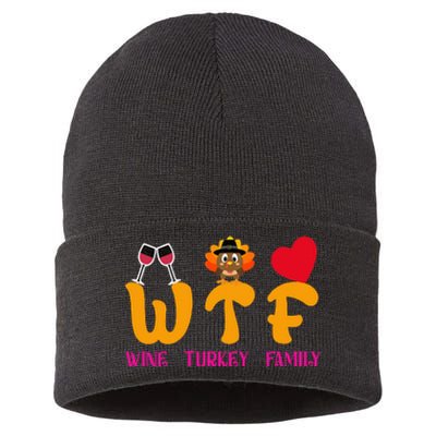 WTF Wine Turkey Family Funny Thanksgiving Sustainable Knit Beanie