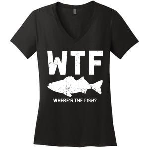 Wtf Wheres The Fish Funny Fishing Women's V-Neck T-Shirt