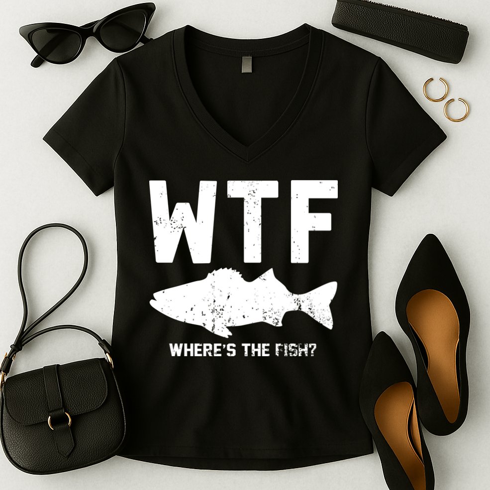 Wtf Wheres The Fish Funny Fishing Women's V-Neck T-Shirt