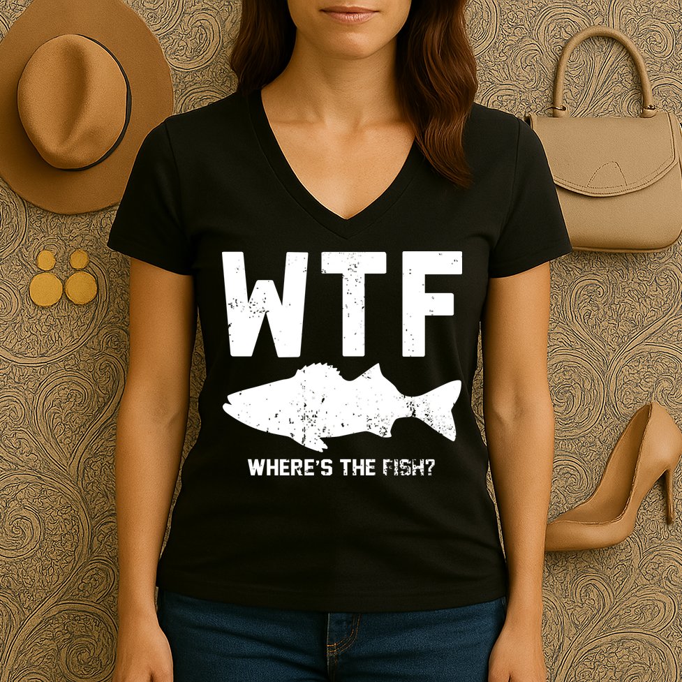 Wtf Wheres The Fish Funny Fishing Women's V-Neck T-Shirt