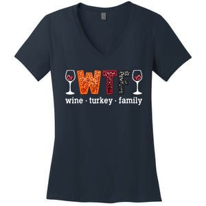 Wtf Wine Turkey Family Funny Thanksgiving Women's V-Neck T-Shirt