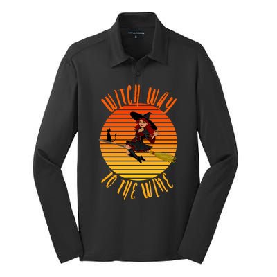 Witch Way To The Wine, Funny Wine Halloween Witch Wine Silk Touch Performance Long Sleeve Polo