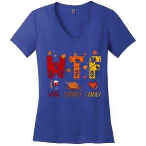 Wtf Wine Turkey Family Funny Thanksgiving Gift Women's V-Neck T-Shirt