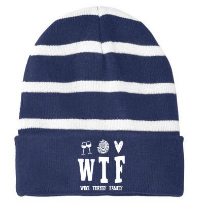 Wtf Wine Turkey Family Funny Holiday Striped Beanie with Solid Band