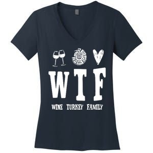 Wtf Wine Turkey Family Funny Holiday Women's V-Neck T-Shirt