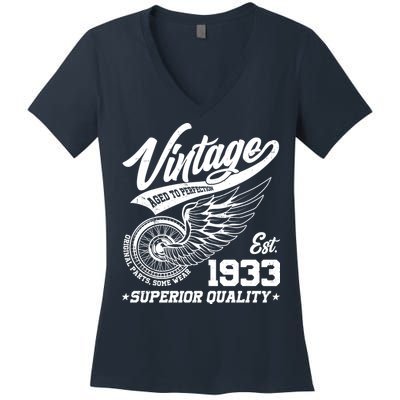 Winged Wheel Vintage 1933 Aged To Perfection Superior Quality 90th Birthday Women's V-Neck T-Shirt