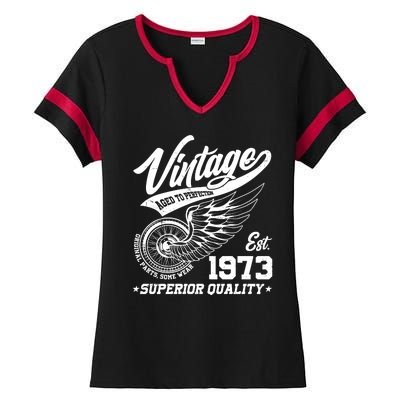 Winged Wheel Vintage 1973 Aged To Perfection Superior Quality 50th Birthday Ladies Halftime Notch Neck Tee