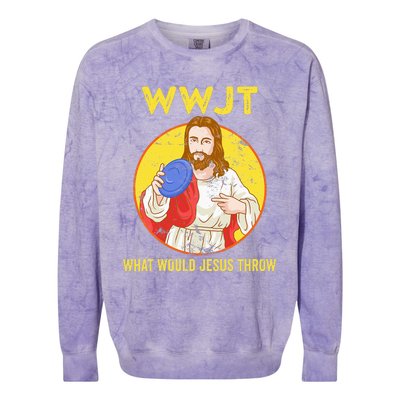 WWJT What would Jesus throw Frisbee disc golf sport Colorblast Crewneck Sweatshirt