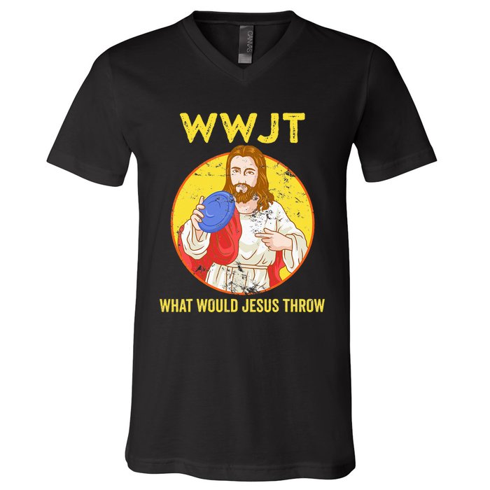 WWJT What would Jesus throw Frisbee disc golf sport V-Neck T-Shirt