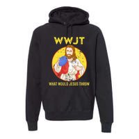 WWJT What would Jesus throw Frisbee disc golf sport Premium Hoodie