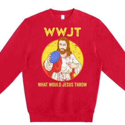 WWJT What would Jesus throw Frisbee disc golf sport Premium Crewneck Sweatshirt