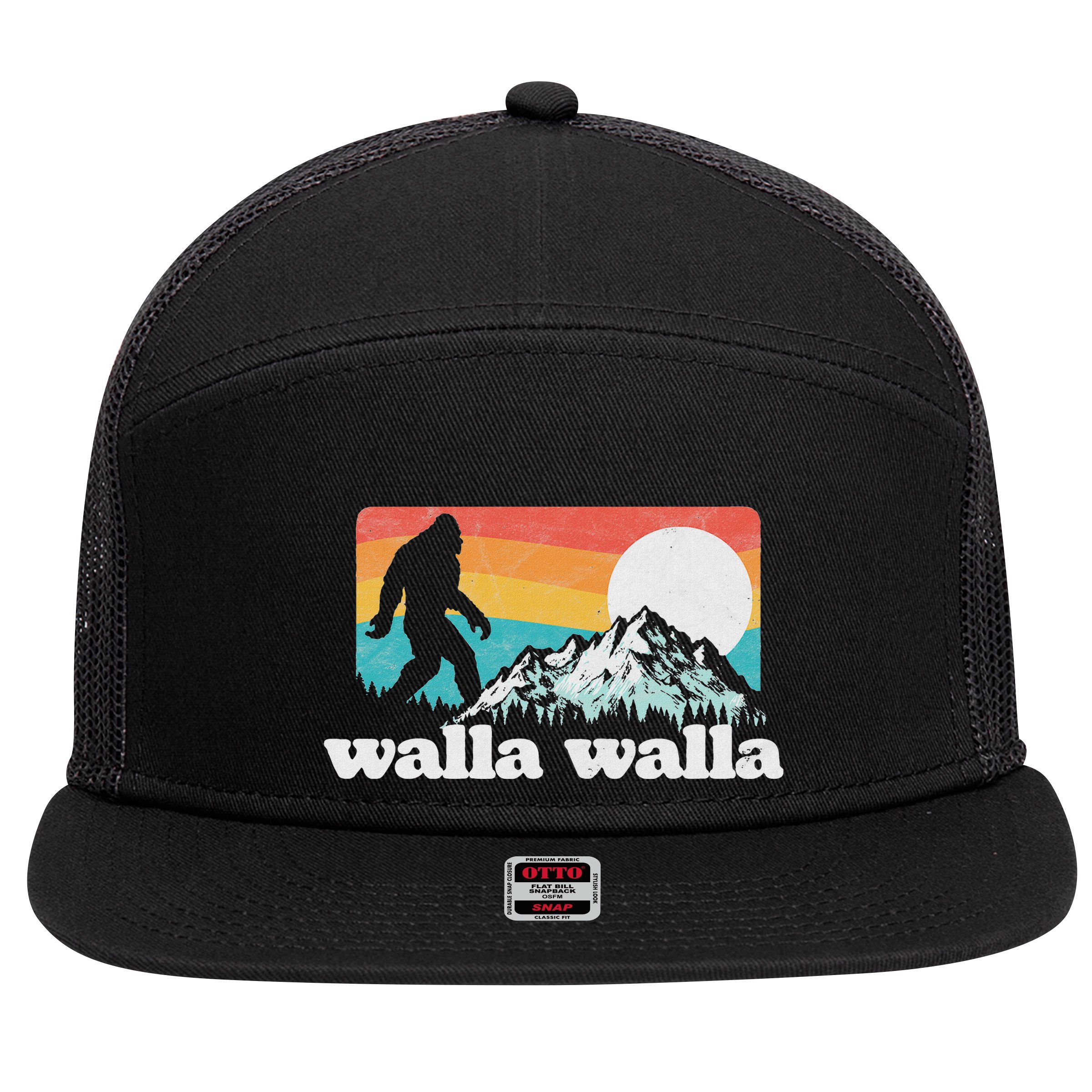 Walla Walla Washington Bigfoot Mountains Retro Distressed 7 Panel Mesh Trucker Snapback Hat