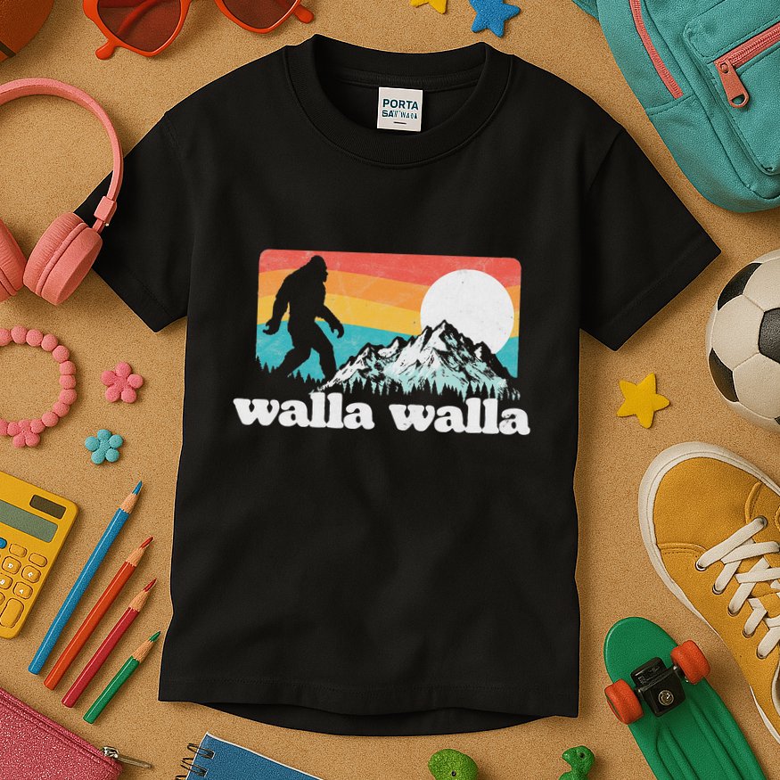 Walla Walla Washington Bigfoot Mountains Retro Distressed Kids T-Shirt