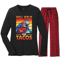 Welder Will Weld For Tacos Funny Welding Vintage Women's Long Sleeve Flannel Pajama Set 