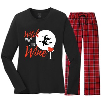 Women Witch Way To The Wine Halloween Witch Wine Vneck Women's Long Sleeve Flannel Pajama Set 