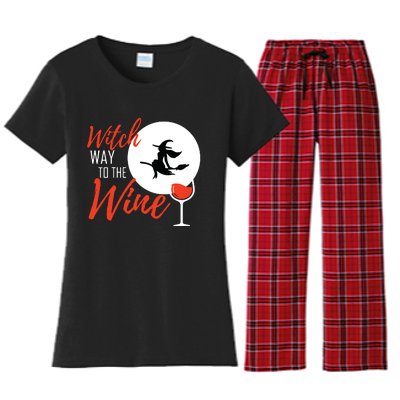 Women Witch Way To The Wine Halloween Witch Wine Vneck Women's Flannel Pajama Set