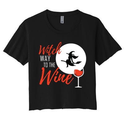 Women Witch Way To The Wine Halloween Witch Wine Vneck Women's Crop Top Tee