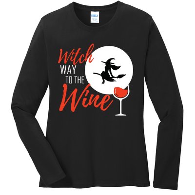 Women Witch Way To The Wine Halloween Witch Wine Vneck Ladies Long Sleeve Shirt