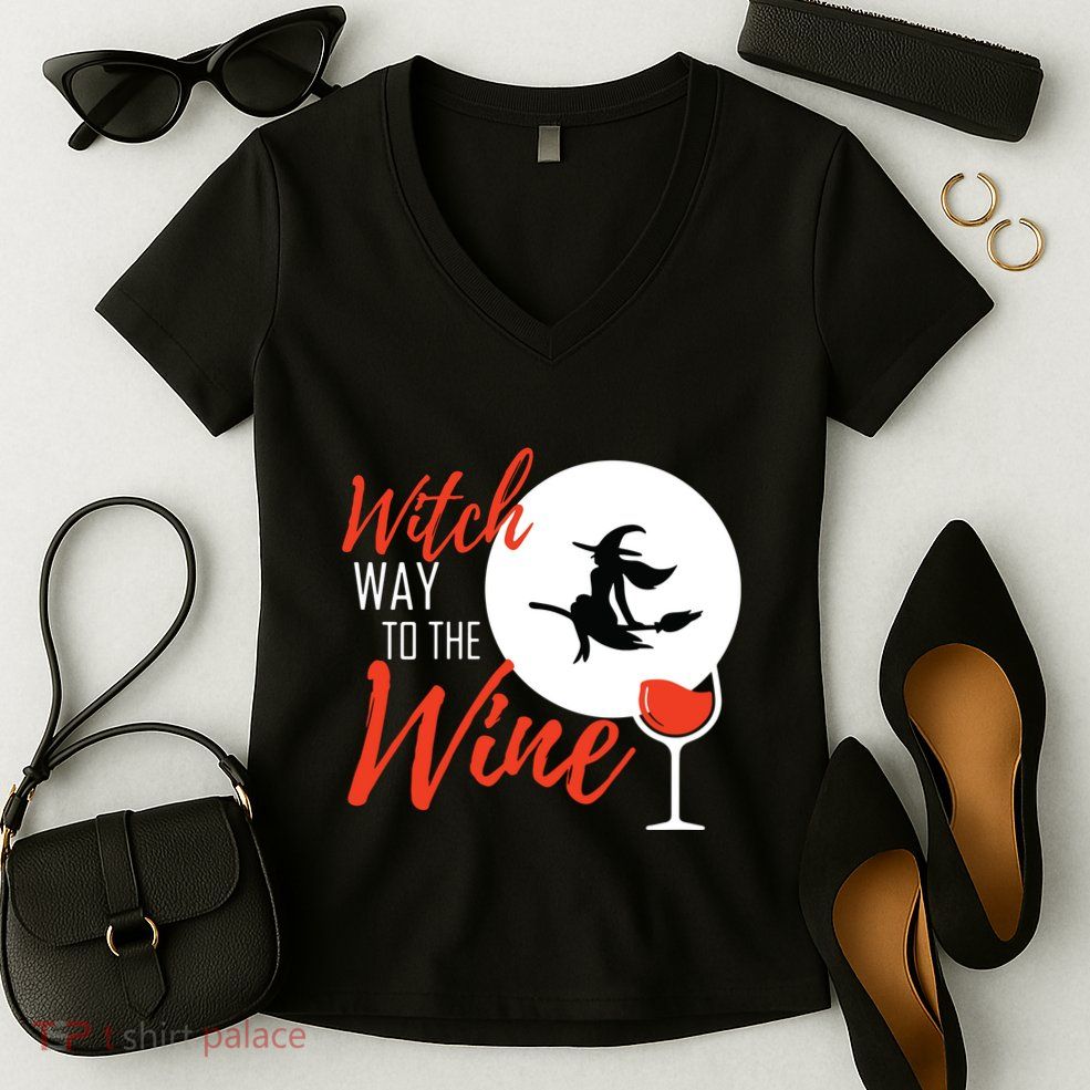 Women Witch Way To The Wine Halloween Witch Wine Vneck Women's V-Neck T-Shirt