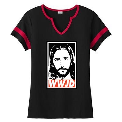 WWJD What Would Jesus Do Poster Design Ladies Halftime Notch Neck Tee