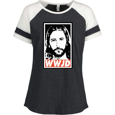 WWJD What Would Jesus Do Poster Design Enza Ladies Jersey Colorblock Tee